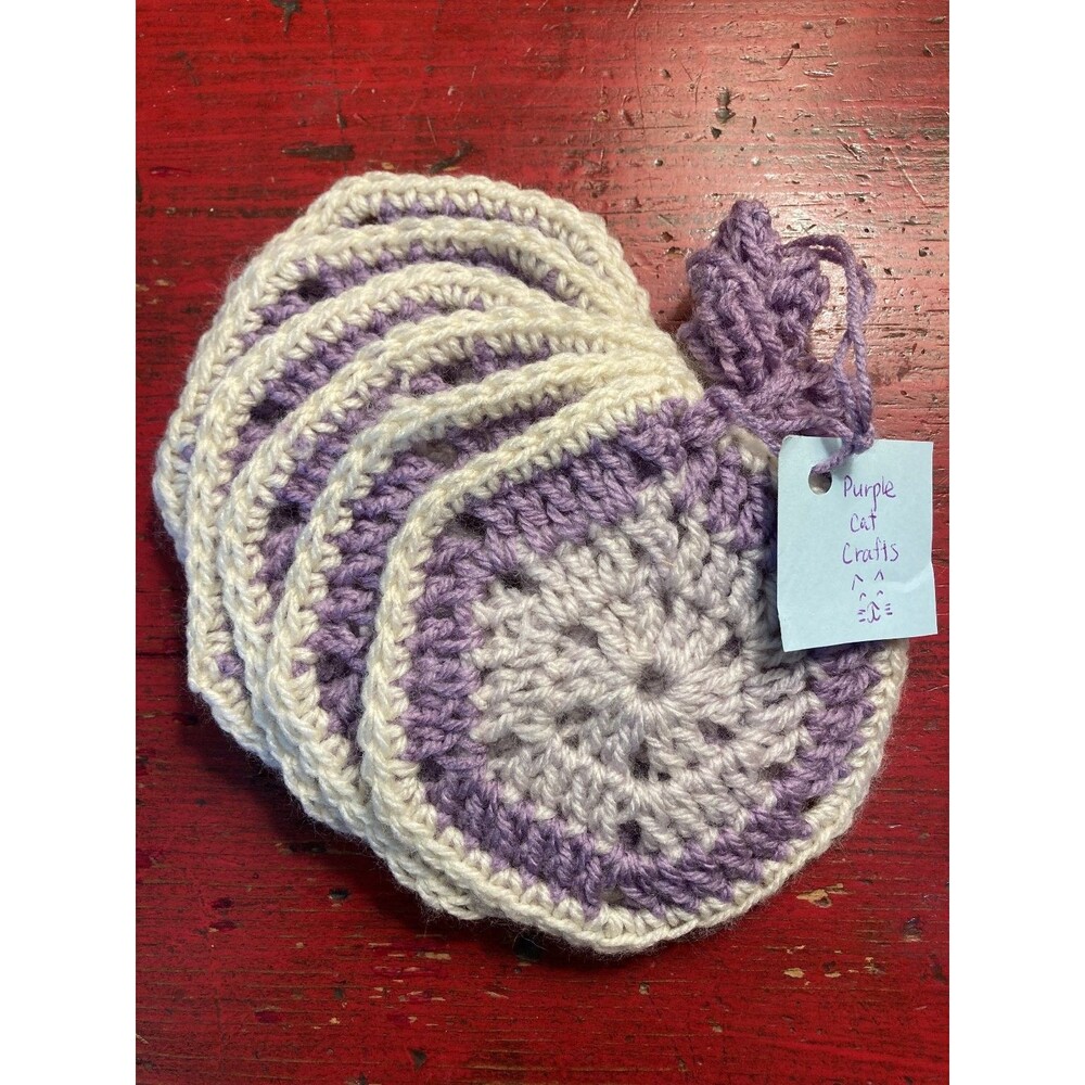 PURPLE CAT CRAFTS Handmade Crocheted Coasters Lot of 6 Lavender Colorful